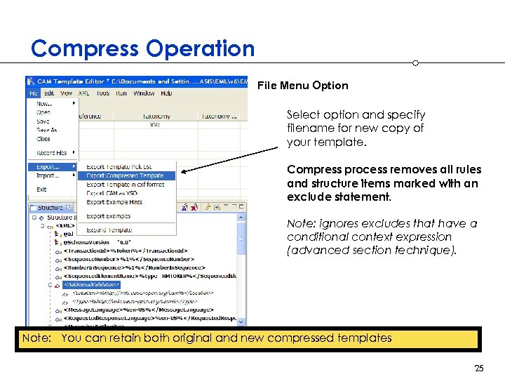 Compress Operation File Menu Option Select option and specify filename for new copy of