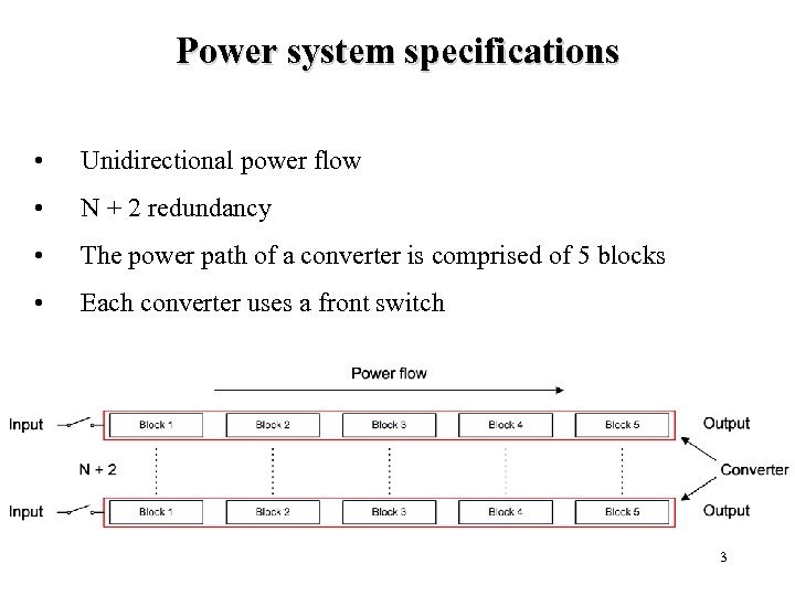 Power system specifications • Unidirectional power flow • N + 2 redundancy • The