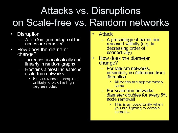 Attacks vs. Disruptions on Scale-free vs. Random networks • Disruption – A random percentage