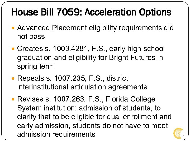 House Bill 7059: Acceleration Options Advanced Placement eligibility requirements did not pass Creates s.