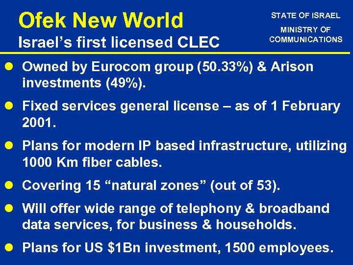 Ofek New World Israel’s first licensed CLEC STATE OF ISRAEL MINISTRY OF COMMUNICATIONS l