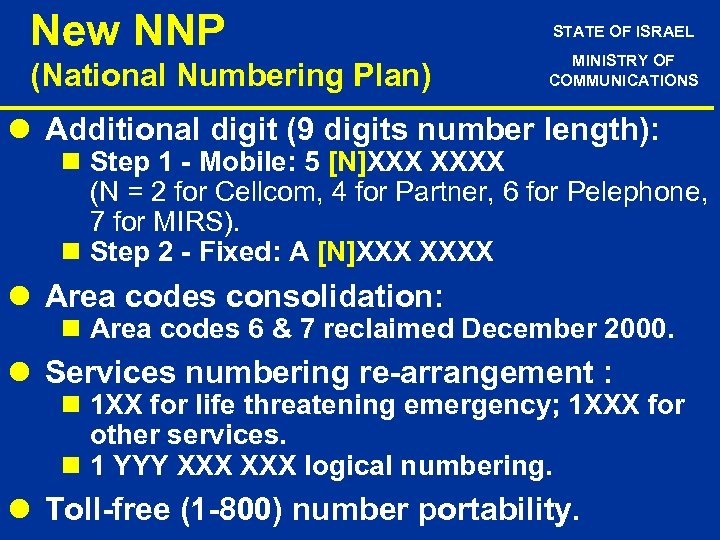 New NNP (National Numbering Plan) STATE OF ISRAEL MINISTRY OF COMMUNICATIONS l Additional digit