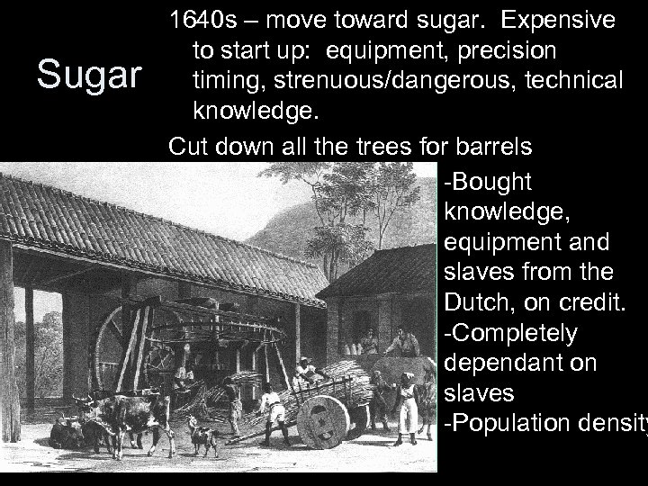 Sugar 1640 s – move toward sugar. Expensive to start up: equipment, precision timing,