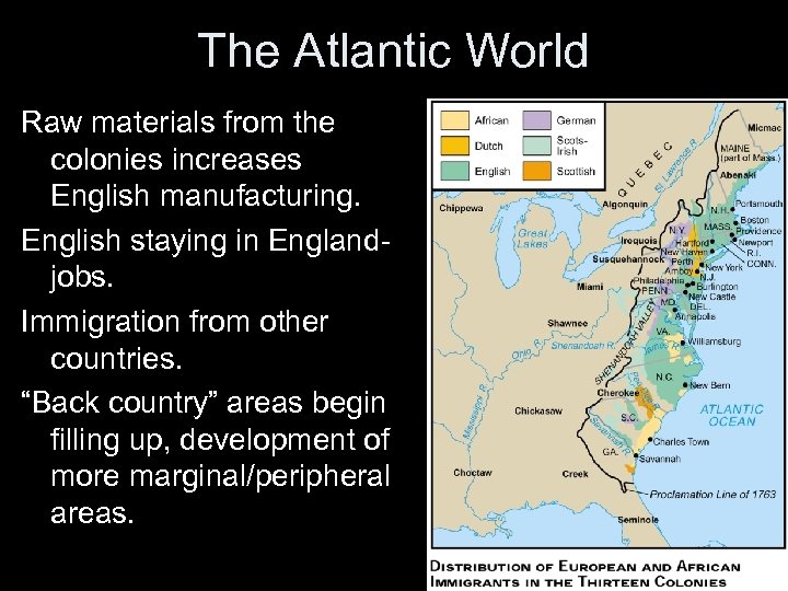 The Atlantic World Raw materials from the colonies increases English manufacturing. English staying in