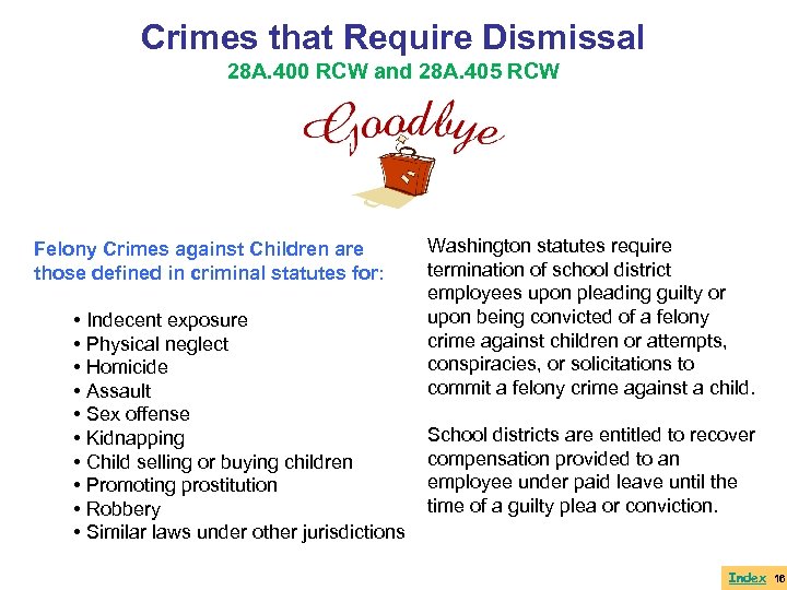 Crimes that Require Dismissal 28 A. 400 RCW and 28 A. 405 RCW Felony