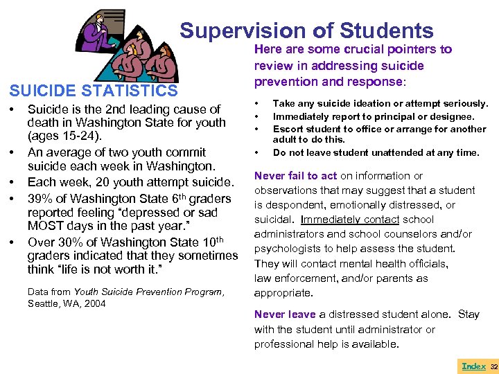 Supervision of Students SUICIDE STATISTICS • • • Suicide is the 2 nd leading