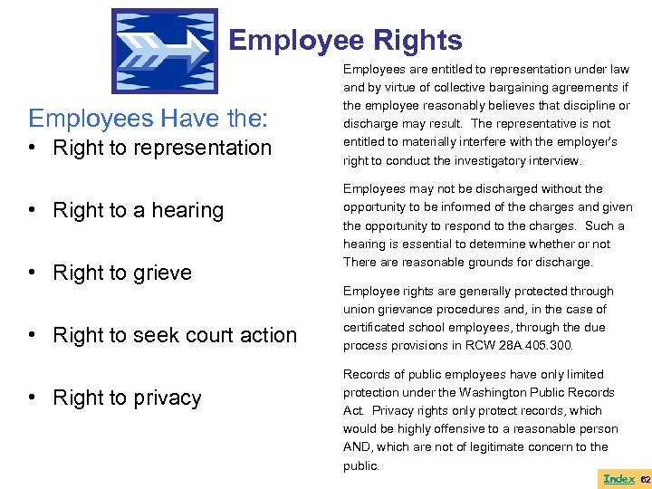 Employee Rights Employees Have the: • Right to representation • Right to a hearing