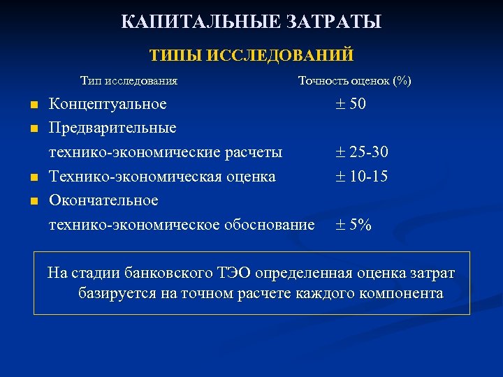 КАПИТАЛЬНЫЕ ЗАТРАТЫ ТИПЫ ИССЛЕДОВАНИЙ Тип исследования n n Точность оценок (%) Концептуальное Предварительные технико