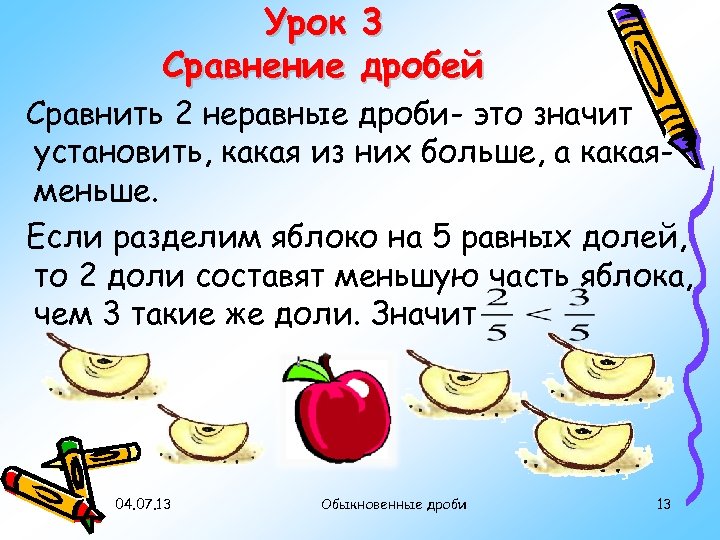 Урок 3 Сравнение дробей Сравнить 2 неравные дроби- это значит установить, какая из них