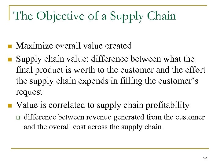 The Objective of a Supply Chain n Maximize overall value created Supply chain value: