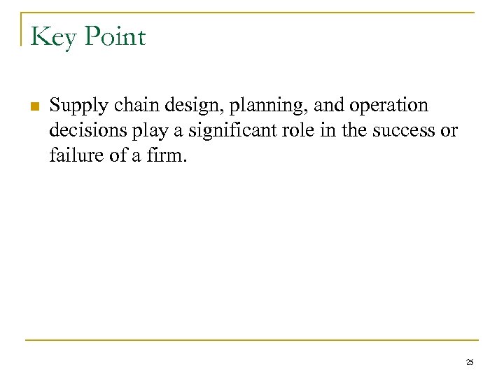 Key Point n Supply chain design, planning, and operation decisions play a significant role