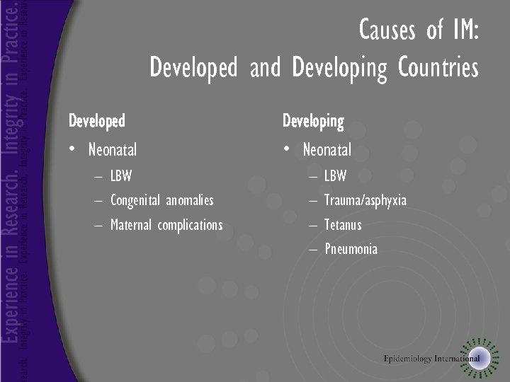Causes of IM: Developed and Developing Countries Developed • Neonatal – LBW – Congenital