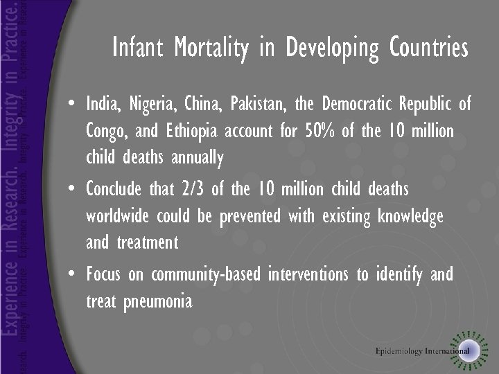 Infant Mortality in Developing Countries • India, Nigeria, China, Pakistan, the Democratic Republic of