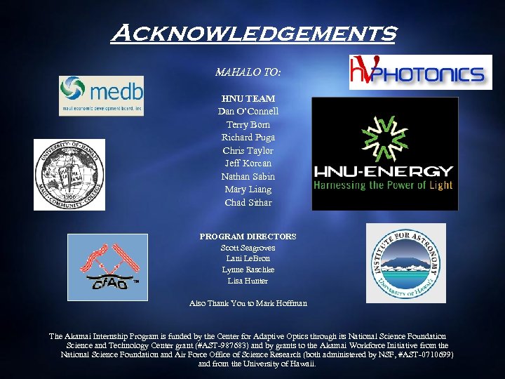 Acknowledgements MAHALO TO: HNU TEAM Dan O’Connell Terry Born Richard Puga Chris Taylor Jeff