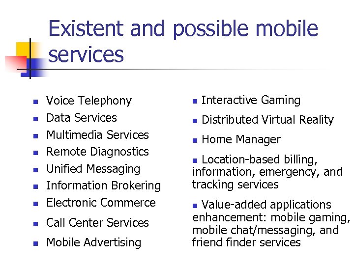 Existent and possible mobile services n Voice Telephony Data Services Multimedia Services Remote Diagnostics