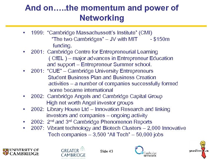 And on…. . the momentum and power of Networking • • 1999: “Cambridge Massachussett’s