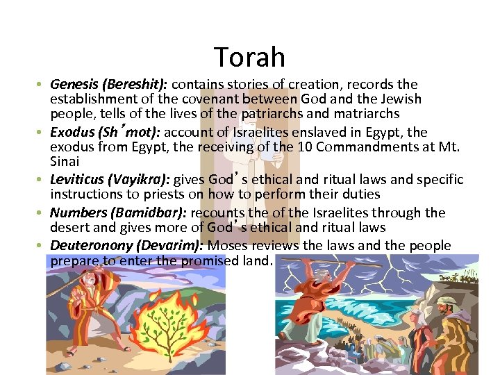 Torah • Genesis (Bereshit): contains stories of creation, records the establishment of the covenant