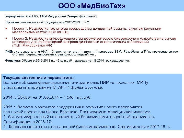 ООО «Мед. Био. Тех» Учредители: Крас. ГМУ, НИИ Медпроблем Севера, физ. лица - 2