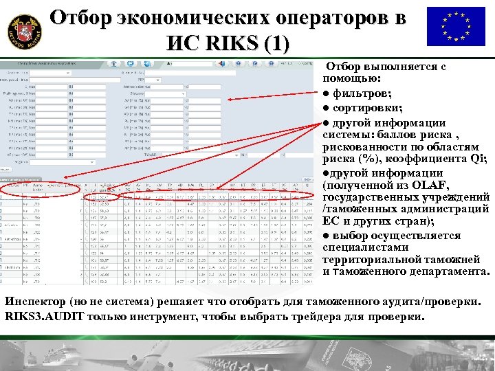 Oтбор экономических операторов в ИС RIKS (1) Oтбор выполняется с помощью: l фильтров; l