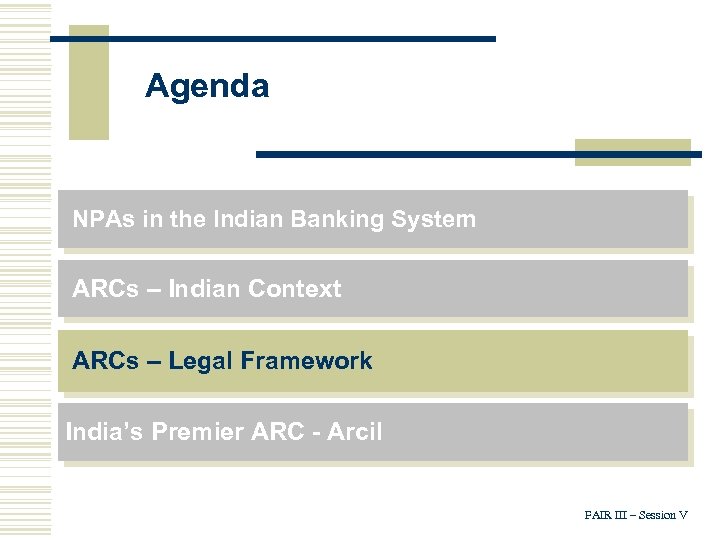 Agenda NPAs in the Indian Banking System ARCs – Indian Context ARCs – Legal