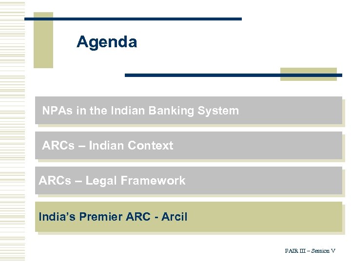 Agenda NPAs in the Indian Banking System ARCs – Indian Context ARCs – Legal