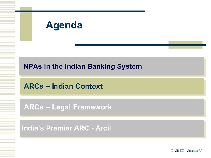 Agenda NPAs in the Indian Banking System ARCs – Indian Context ARCs – Legal