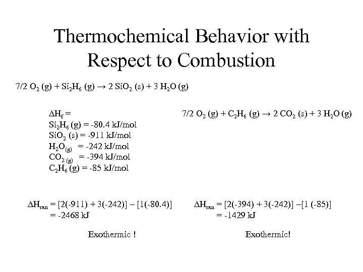 Thermochemical Behavior with Respect to Combustion 7/2 O 2 (g) + Si 2 H