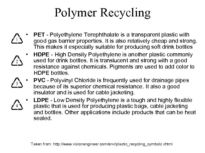 Polymer Recycling • PET - Polyethylene Terephthalate is a transparent plastic with good gas