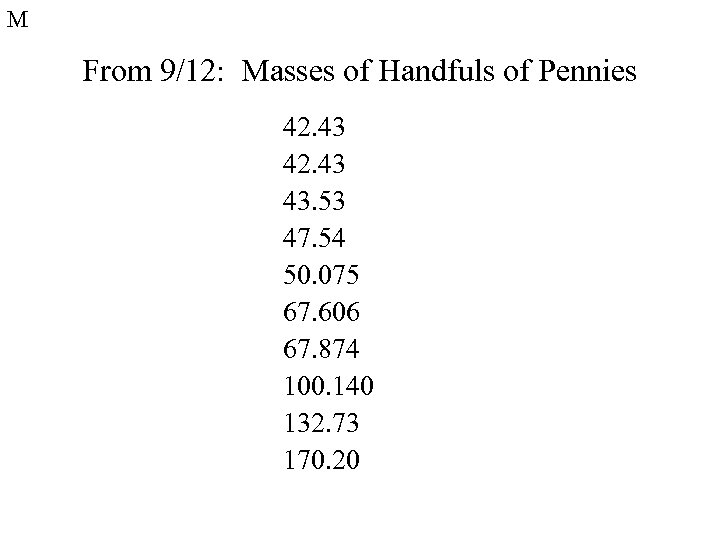 M From 9/12: Masses of Handfuls of Pennies 42. 43 43. 53 47. 54