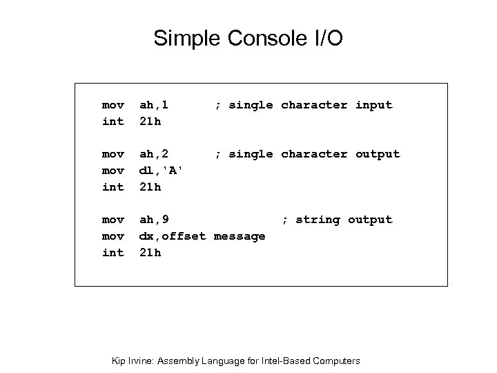 Simple Console I/O mov int ah, 1 21 h ; single character input mov