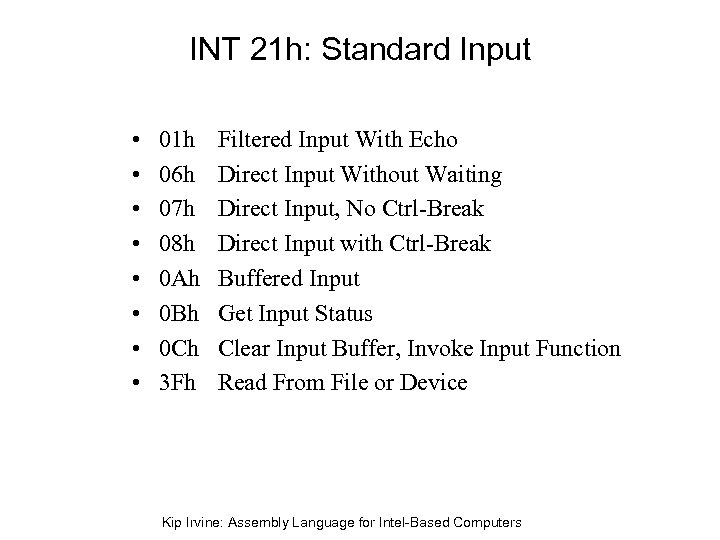 INT 21 h: Standard Input • • 01 h 06 h 07 h 08