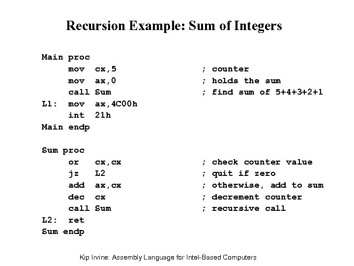 Recursion Example: Sum of Integers Main proc mov call L 1: mov int Main