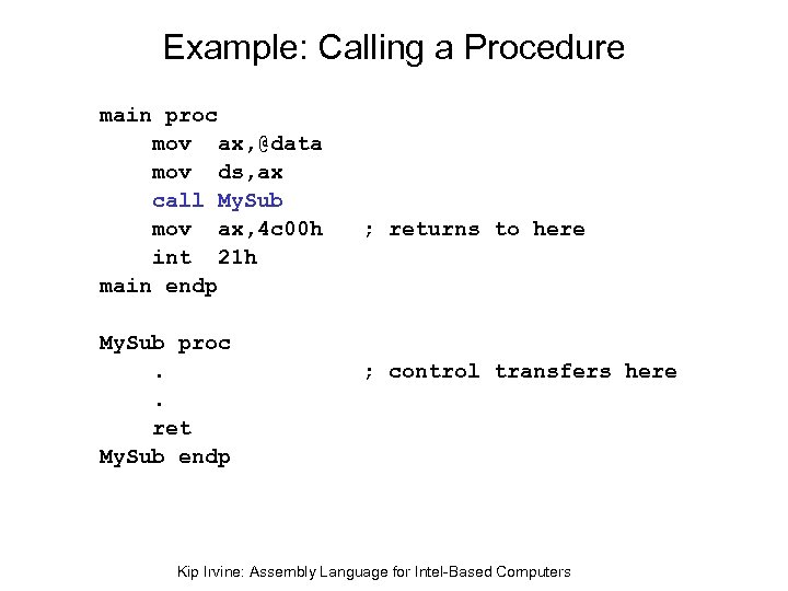 Example: Calling a Procedure main proc mov ax, @data mov ds, ax call My.