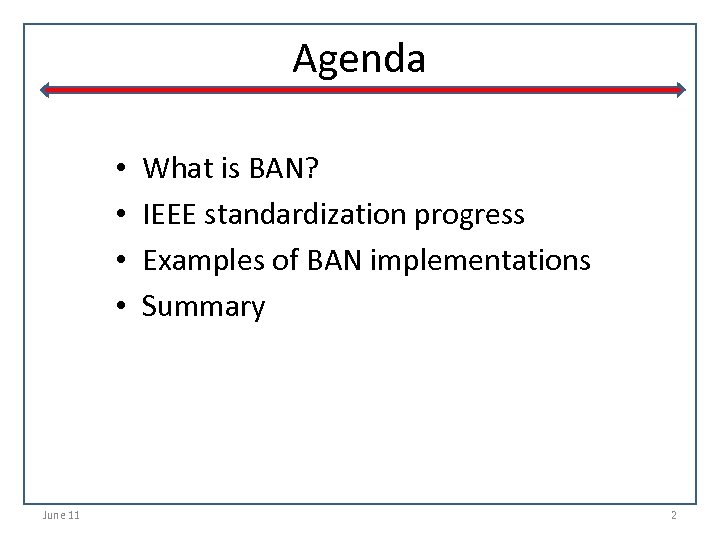 Agenda • • June 11 What is BAN? IEEE standardization progress Examples of BAN