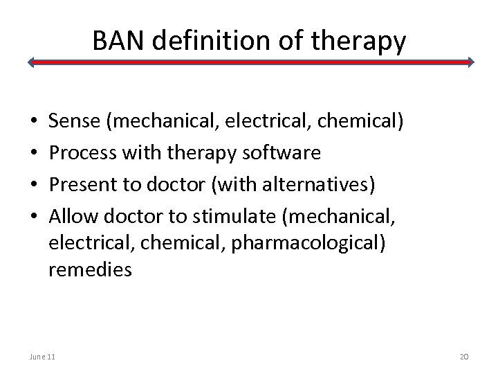 BAN definition of therapy • • Sense (mechanical, electrical, chemical) Process with therapy software