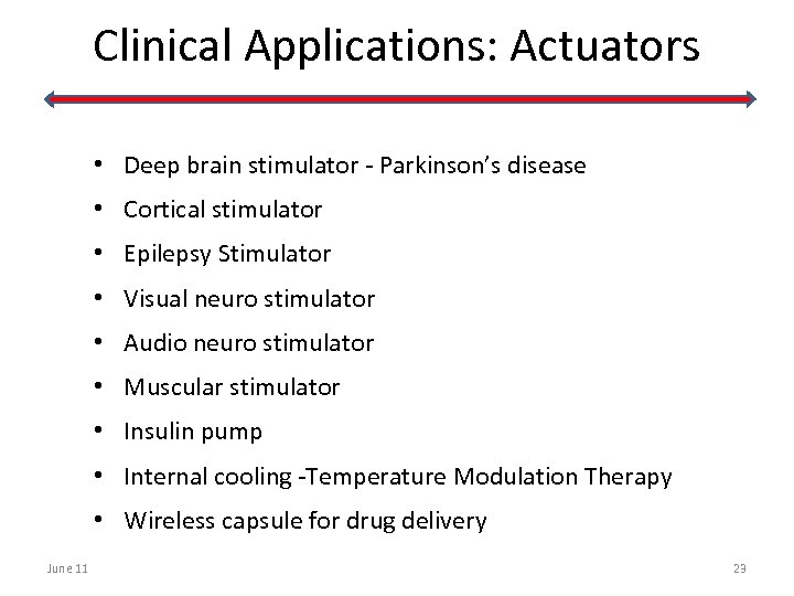 Clinical Applications: Actuators • Deep brain stimulator Parkinson’s disease • Cortical stimulator • Epilepsy