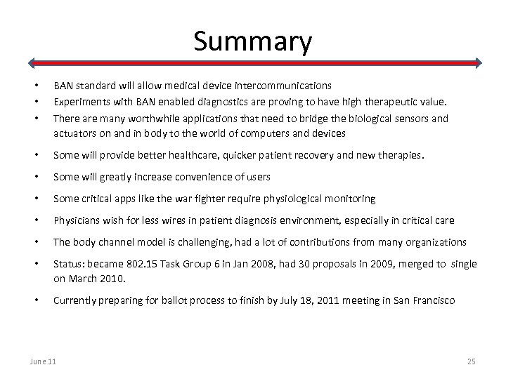 Summary • • • BAN standard will allow medical device intercommunications Experiments with BAN