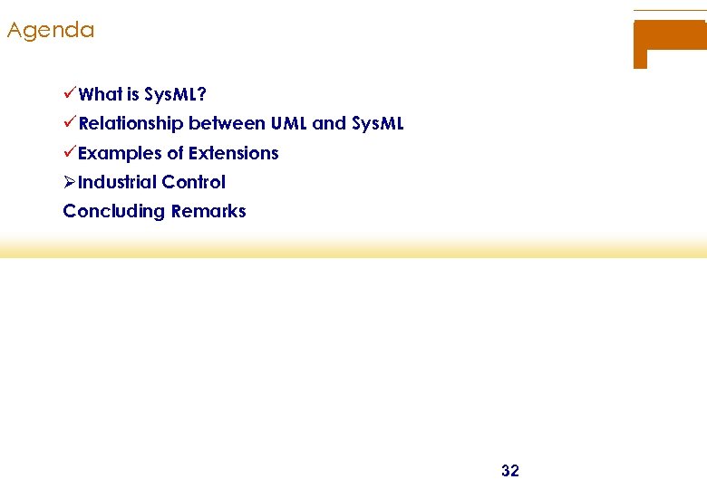 Agenda üWhat is Sys. ML? üRelationship between UML and Sys. ML üExamples of Extensions