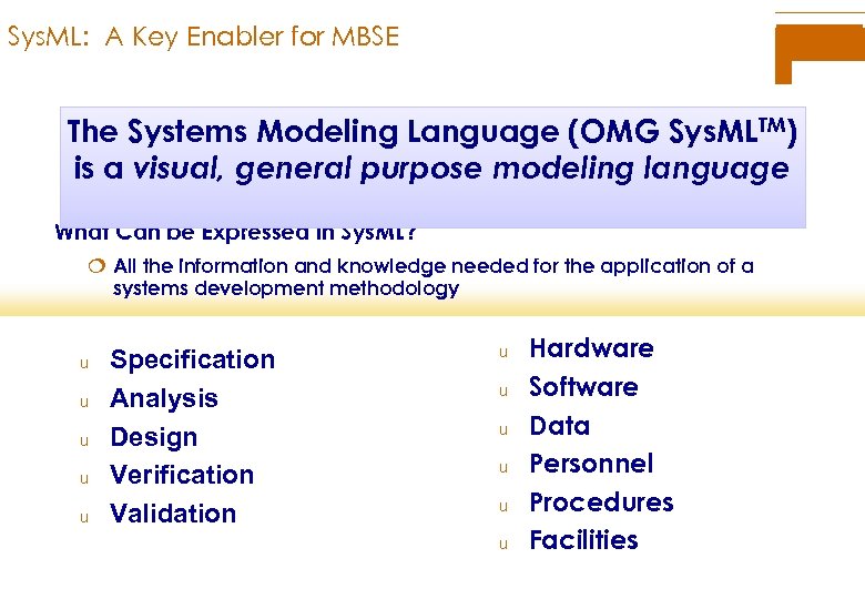 Sys. ML: A Key Enabler for MBSE The Systems Modeling Language (OMG Sys. MLTM)