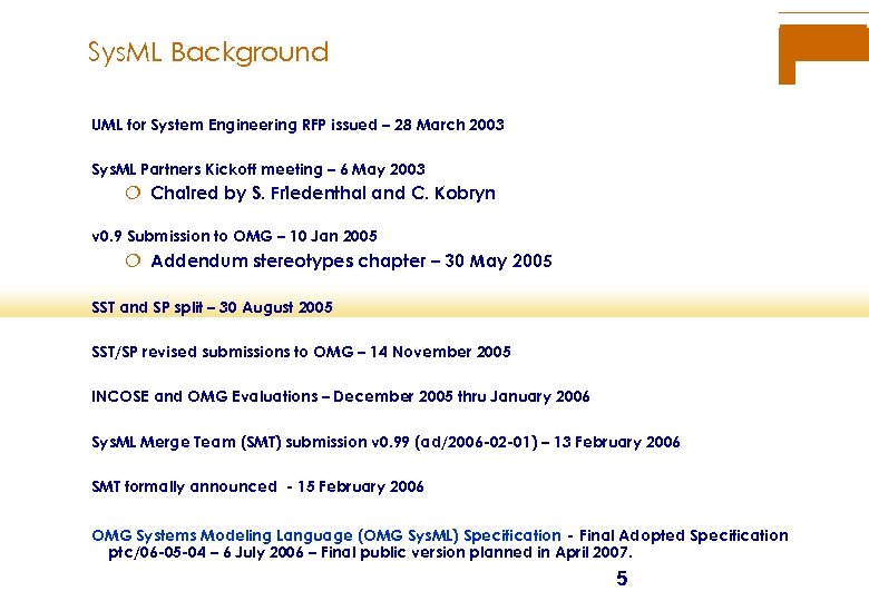 Sys. ML Background UML for System Engineering RFP issued – 28 March 2003 Sys.