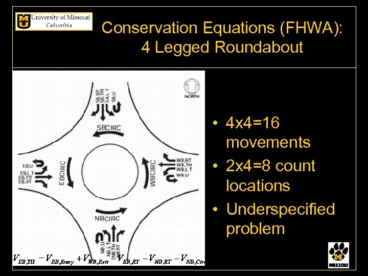 Conservation Equations (FHWA): 4 Legged Roundabout • 4 x 4=16 movements • 2 x