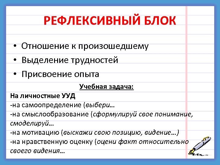 РЕФЛЕКСИВНЫЙ БЛОК • Отношение к произошедшему • Выделение трудностей • Присвоение опыта Учебная задача: