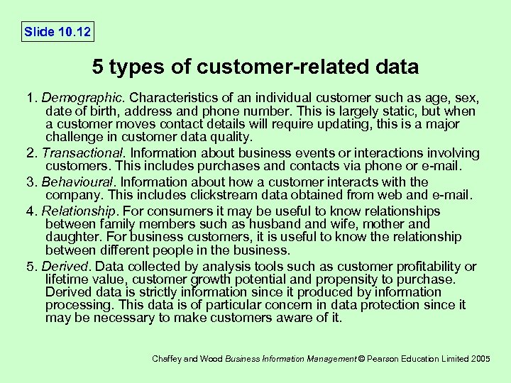 Slide 10. 12 5 types of customer-related data 1. Demographic. Characteristics of an individual