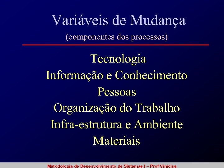 Variáveis de Mudança (componentes dos processos) Tecnologia Informação e Conhecimento Pessoas Organização do Trabalho