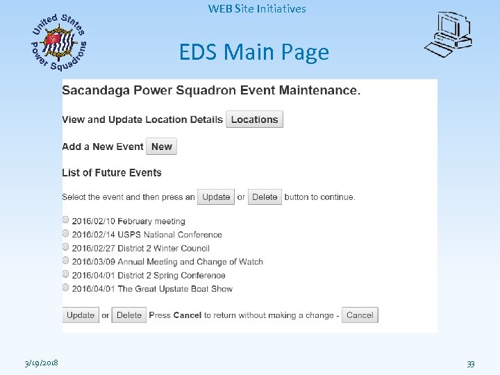 WEB Site Initiatives EDS Main Page 3/19/2018 33 