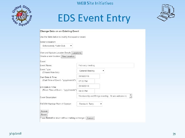 WEB Site Initiatives EDS Event Entry 3/19/2018 35 