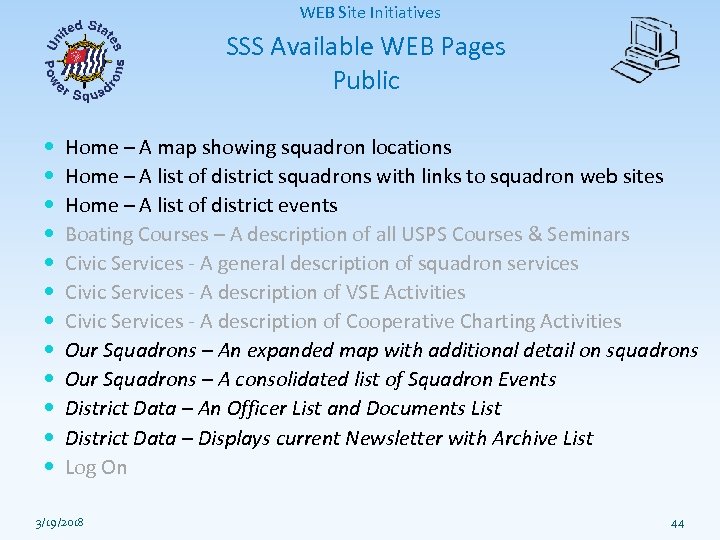 WEB Site Initiatives SSS Available WEB Pages Public Home – A map showing squadron