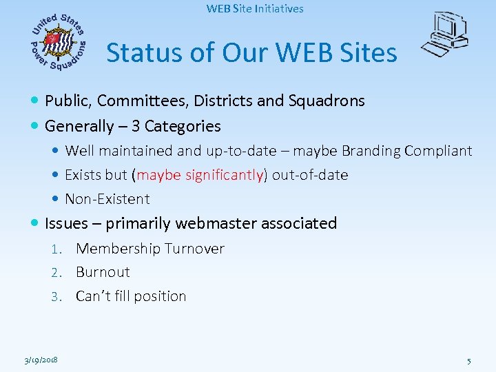 WEB Site Initiatives Status of Our WEB Sites Public, Committees, Districts and Squadrons Generally