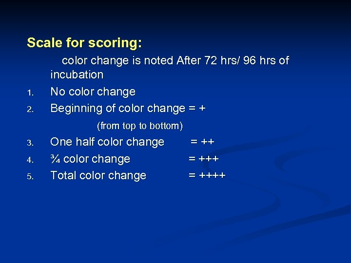 Scale for scoring: 1. 2. color change is noted After 72 hrs/ 96 hrs