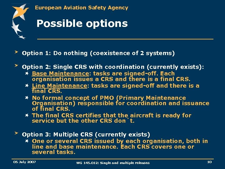 European Aviation Safety Agency Possible options Option 1: Do nothing (coexistence of 2 systems)